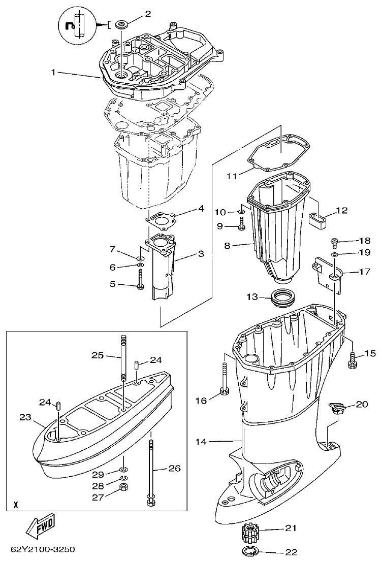 Yamaha F50A, FT50B UPPER CASING parts diagram